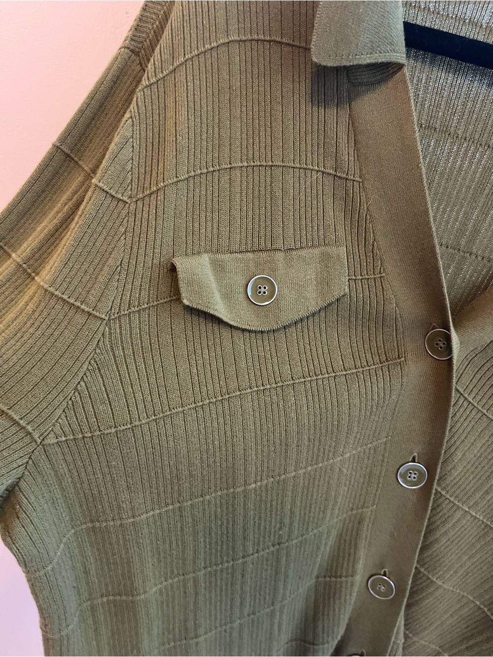 CAbi Olive Ribbed Button-Front lightweight knit sweater